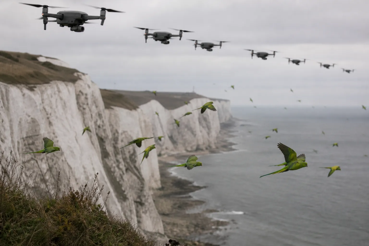 A row of military drones along the white cliffs of Dover while parakeets fly between them