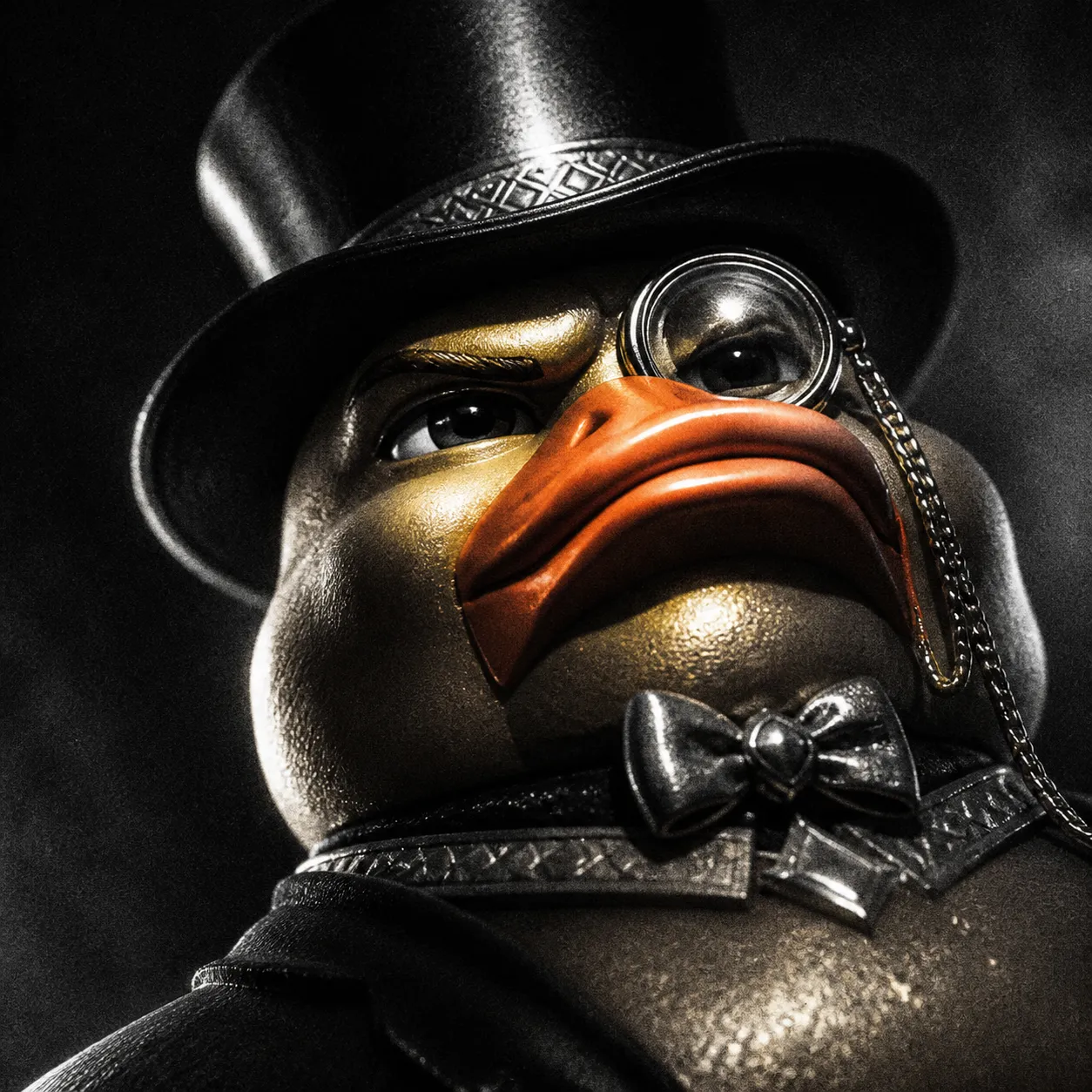 Black and white dramatic portrait of a rubber duck with a square chiselled beak, top hat and monocle
