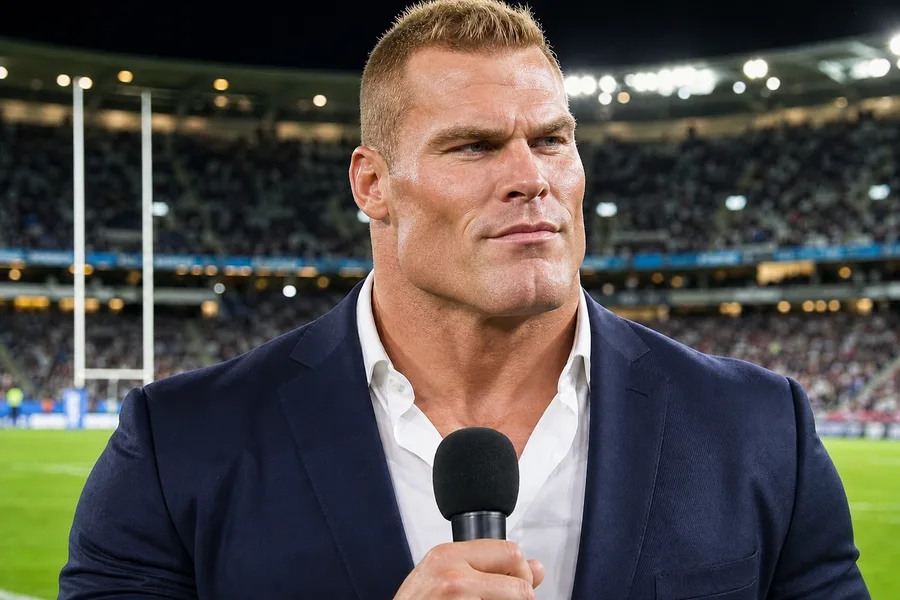 Chad Thundercliff: a blond crew cut, a heavy brow, sharp cheekbones and a square jaw, holding a microphone pitch-side at a floodlit rugby stadium