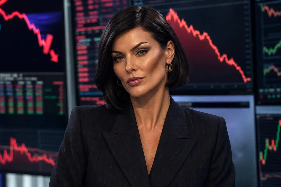 Sterling Cash-Pemberton: a sleek dark bob, gold earrings and a charcoal pinstripe suit in front of falling stock-market screens