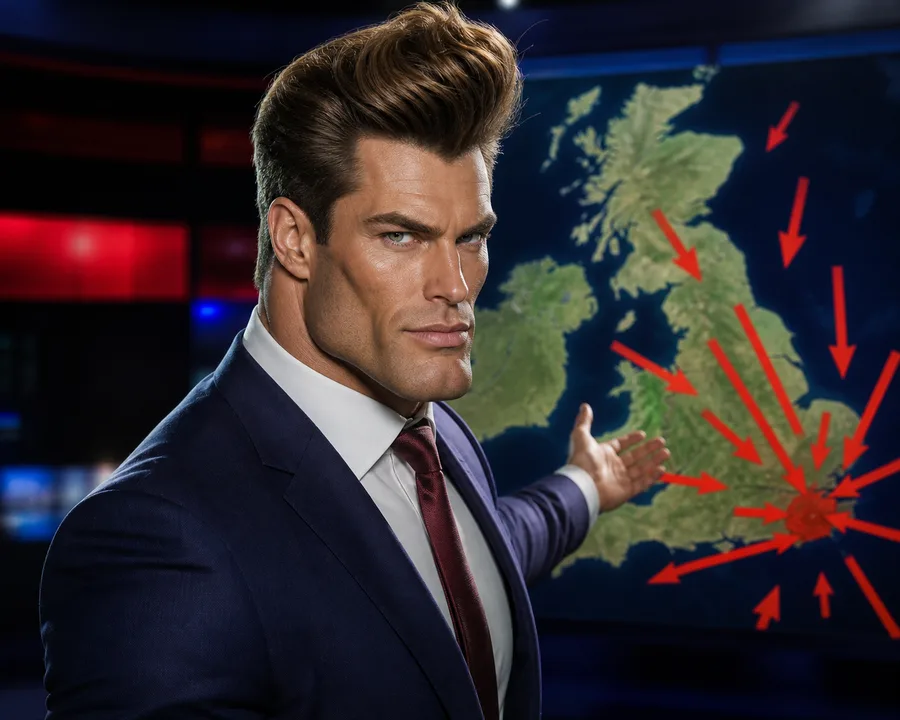 Storm Mandible: a towering windswept quiff, pointing at a map of Britain with red arrows converging on Kent
