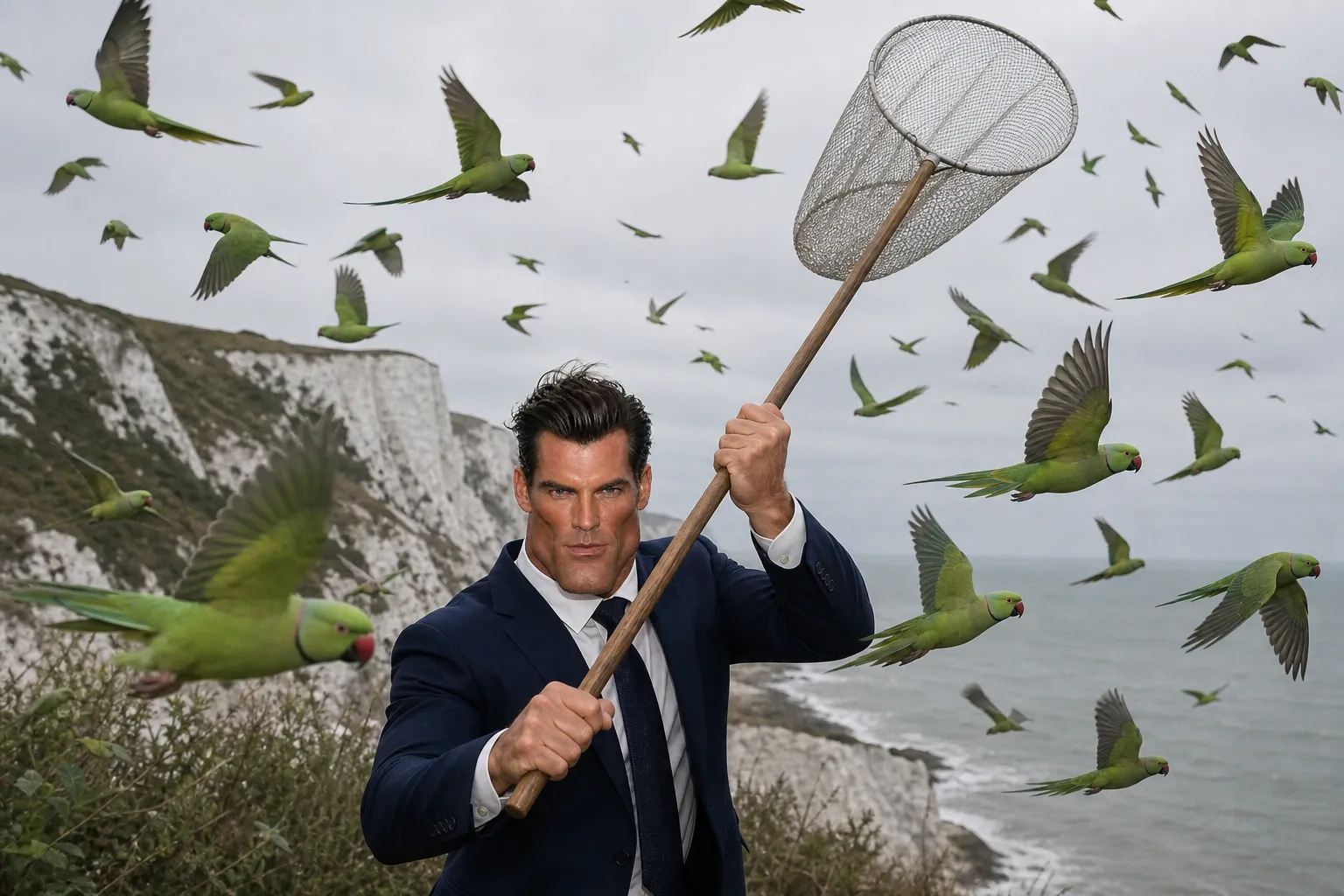 Rex Mandible swinging a giant butterfly net on the white cliffs as green parakeets fly around him