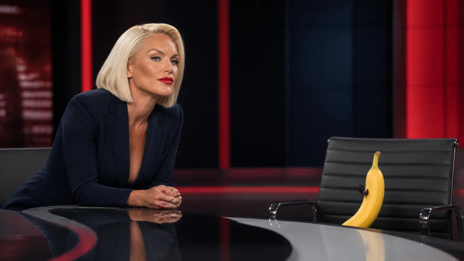 Victoria Cheekbone-Smythe, a platinum-haired presenter in a navy blazer, leans across a studio desk towards a single banana sitting upright in the guest chair with a tiny clip-on microphone