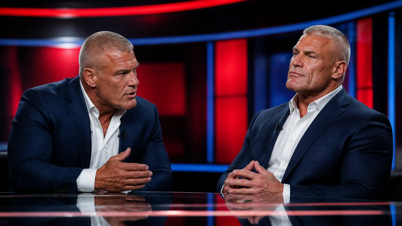 Two identical silver-haired men in navy jackets sit across a glossy TV studio desk, one leaning in to ask a question, the other looking smugly impressed