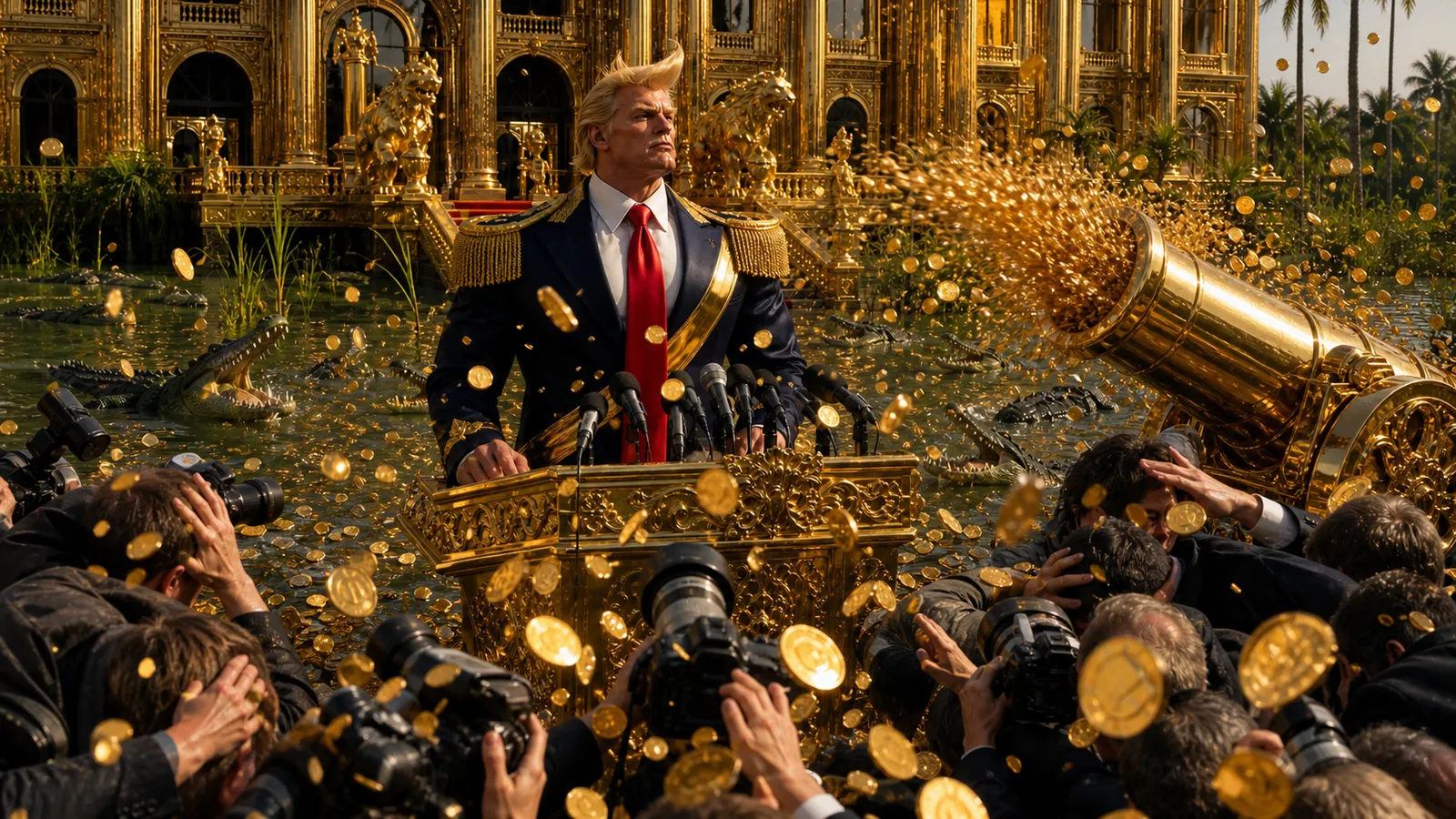 A man with crown-shaped golden hair stands at a gold podium outside a gold palace in a swamp while a gold cannon fires coins over a crouching press pack and alligators snap at the coins